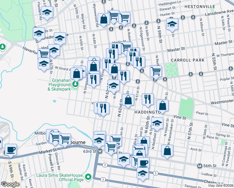 map of restaurants, bars, coffee shops, grocery stores, and more near 408 North Felton Street in Philadelphia
