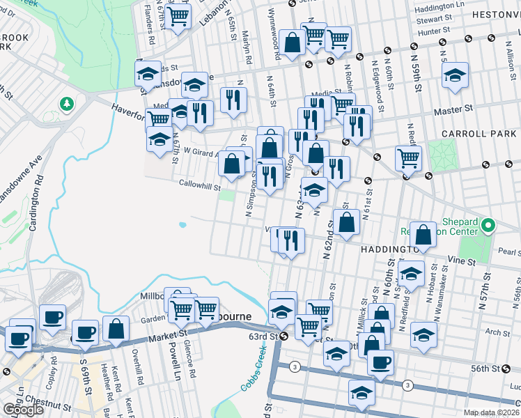 map of restaurants, bars, coffee shops, grocery stores, and more near 349 North 64th Street in Philadelphia