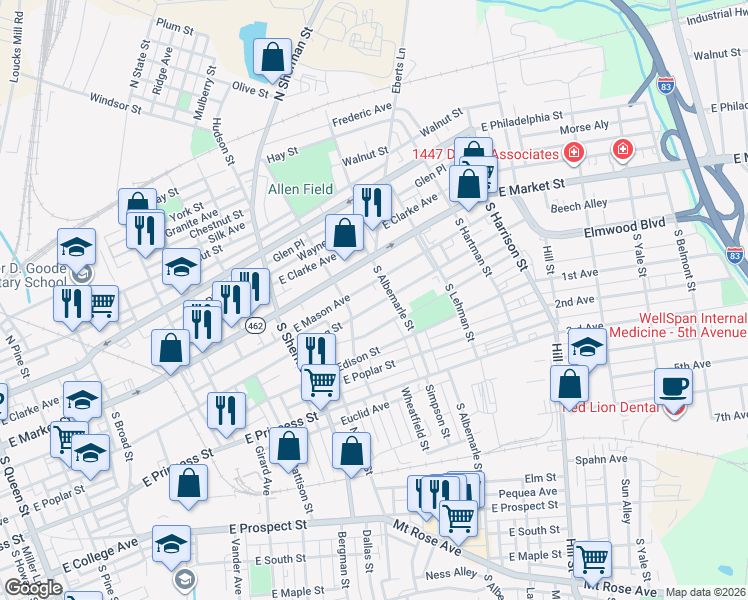 map of restaurants, bars, coffee shops, grocery stores, and more near 940 Pennsylvania 462 in York