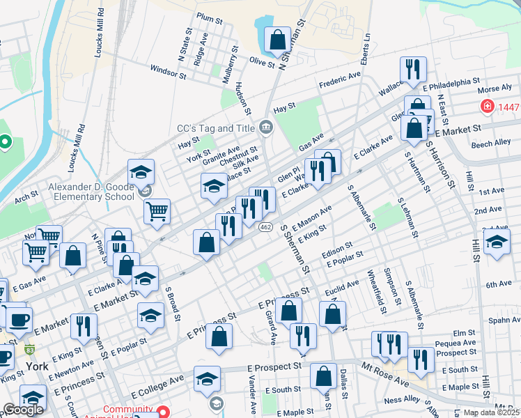 map of restaurants, bars, coffee shops, grocery stores, and more near 713-737 East Clarke Avenue in York