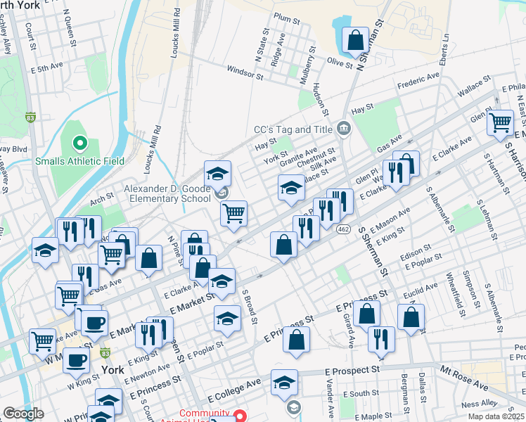 map of restaurants, bars, coffee shops, grocery stores, and more near 538 Wallace Street in York