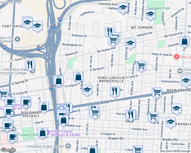 map of restaurants, bars, coffee shops, grocery stores, and more near 184-186 North 18th Street in Columbus