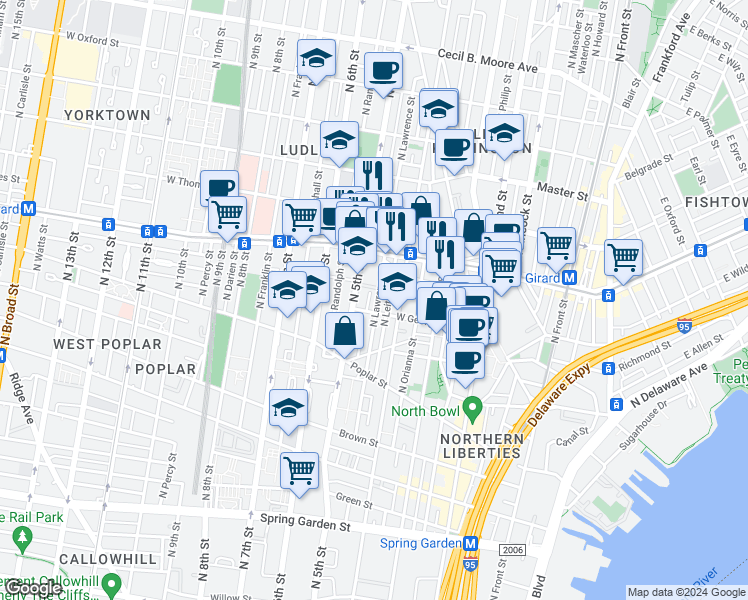 map of restaurants, bars, coffee shops, grocery stores, and more near 1014 North Lawrence Street in Philadelphia