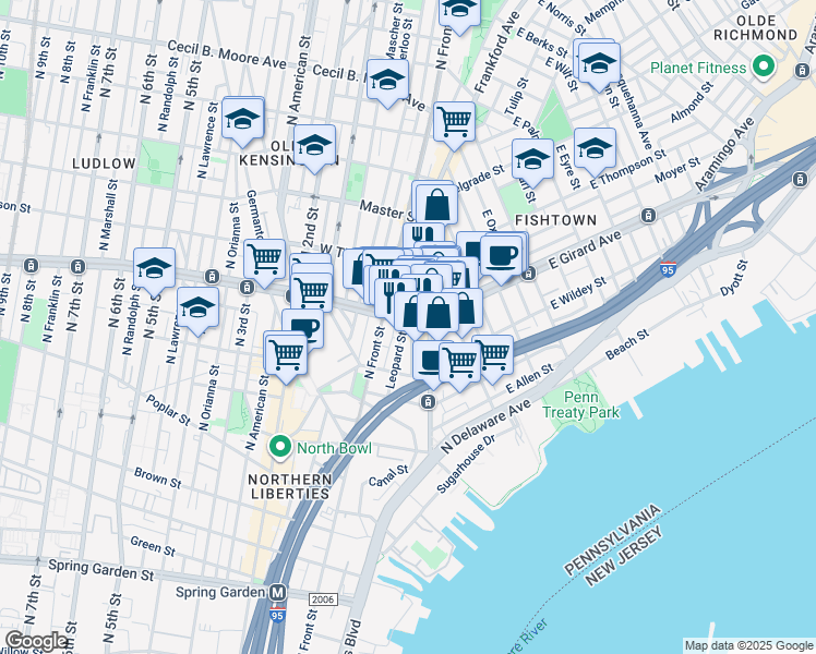 map of restaurants, bars, coffee shops, grocery stores, and more near 15 West Girard Avenue in Philadelphia