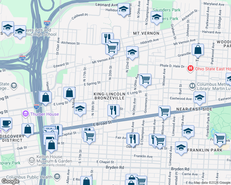 map of restaurants, bars, coffee shops, grocery stores, and more near 165 North 21st Street in Columbus