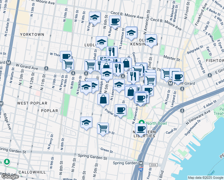 map of restaurants, bars, coffee shops, grocery stores, and more near 1014 North Lawrence Street in Philadelphia