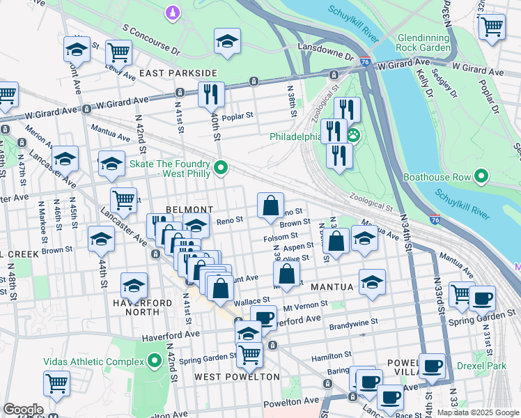 map of restaurants, bars, coffee shops, grocery stores, and more near 3918 Parrish Street in Philadelphia