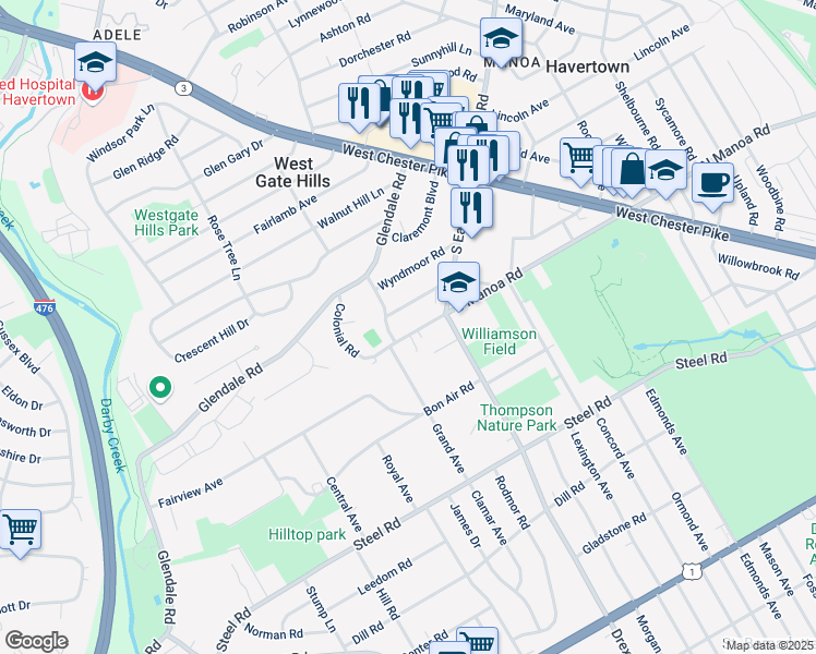 map of restaurants, bars, coffee shops, grocery stores, and more near 344 South Manoa Road in Havertown