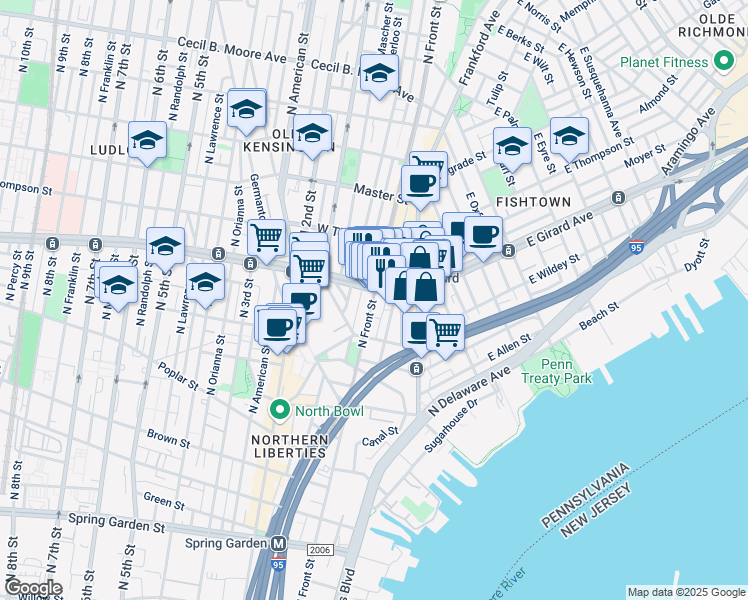 map of restaurants, bars, coffee shops, grocery stores, and more near 1151 North Front Street in Philadelphia