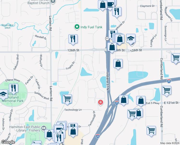 map of restaurants, bars, coffee shops, grocery stores, and more near 12336 Melrose Circle in Fishers