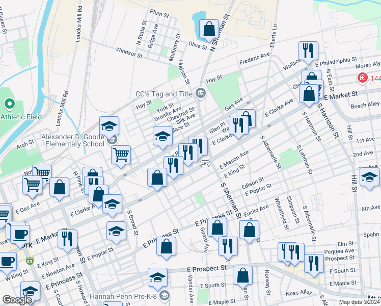 map of restaurants, bars, coffee shops, grocery stores, and more near 47 North Franklin Street in York