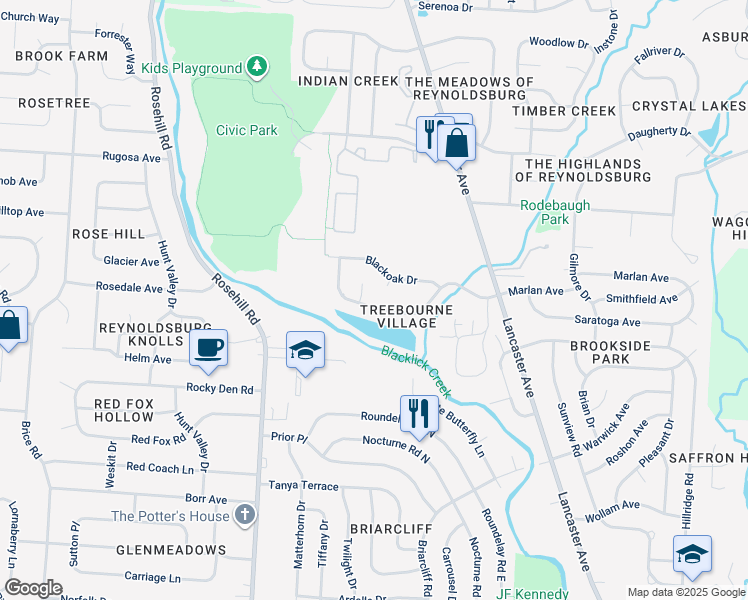 map of restaurants, bars, coffee shops, grocery stores, and more near 679 Blackoak Court in Reynoldsburg
