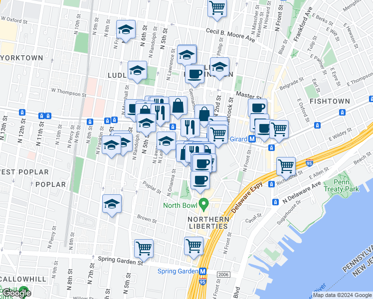 map of restaurants, bars, coffee shops, grocery stores, and more near 1132 N 3rd St in Philadelphia