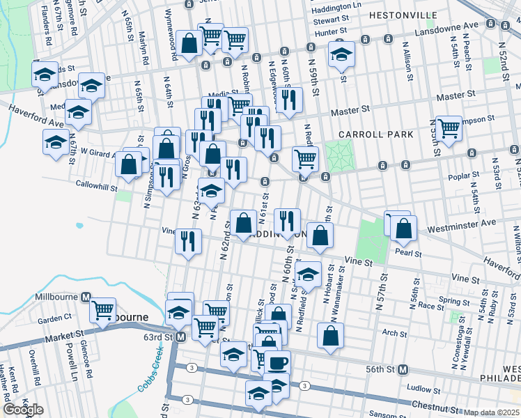map of restaurants, bars, coffee shops, grocery stores, and more near 426 North 61st Street in Philadelphia