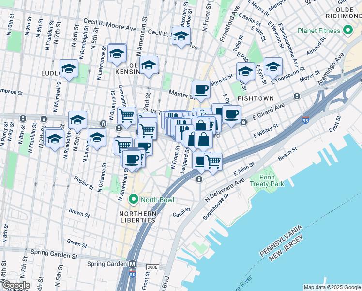 map of restaurants, bars, coffee shops, grocery stores, and more near 1151 North Front Street in Philadelphia