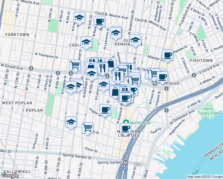 map of restaurants, bars, coffee shops, grocery stores, and more near 1127 North Orianna Street in Philadelphia