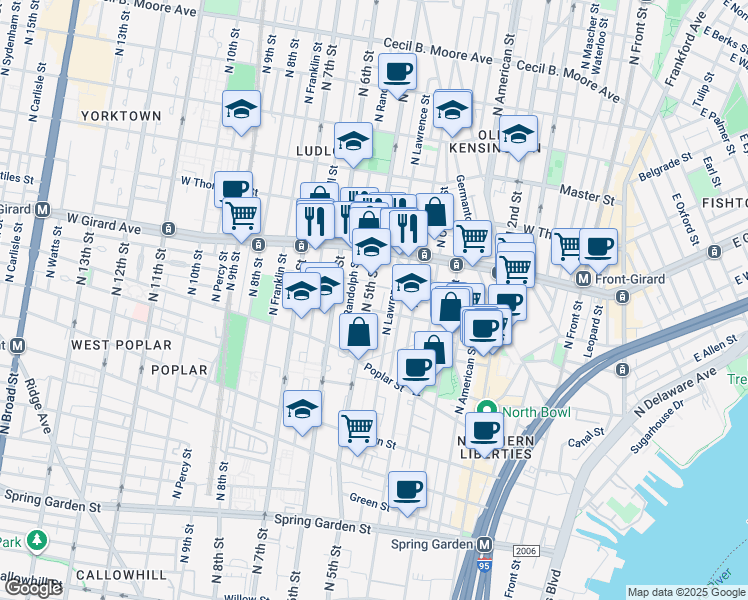 map of restaurants, bars, coffee shops, grocery stores, and more near 979 North 5th Street in Philadelphia