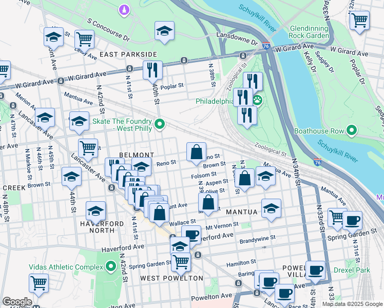 map of restaurants, bars, coffee shops, grocery stores, and more near 3908 Parrish Street in Philadelphia