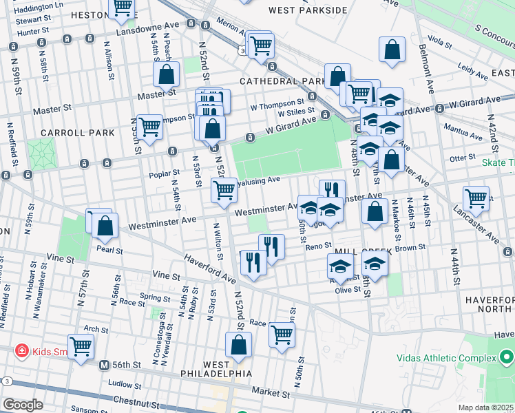 map of restaurants, bars, coffee shops, grocery stores, and more near 5109 Westminster Avenue in Philadelphia