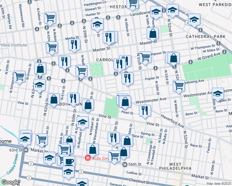 map of restaurants, bars, coffee shops, grocery stores, and more near 616 North 57th Street in Philadelphia