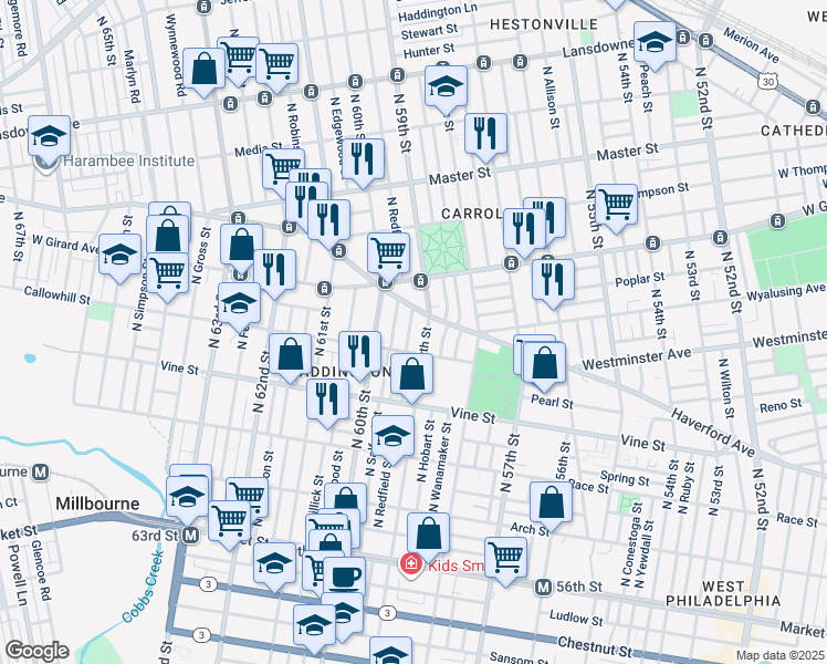 map of restaurants, bars, coffee shops, grocery stores, and more near 421 North Redfield Street in Philadelphia