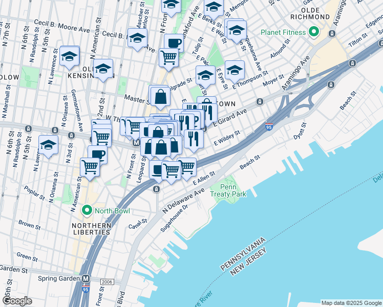 map of restaurants, bars, coffee shops, grocery stores, and more near 251 East Wildey Street in Philadelphia