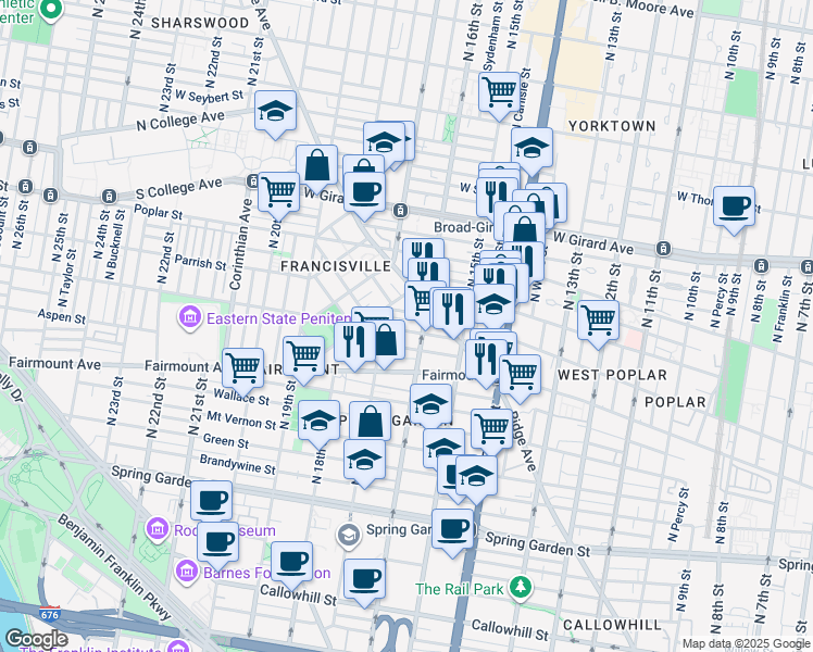 map of restaurants, bars, coffee shops, grocery stores, and more near 1609 Brown Street in Philadelphia