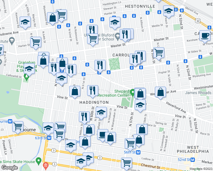 map of restaurants, bars, coffee shops, grocery stores, and more near 421 North Redfield Street in Philadelphia