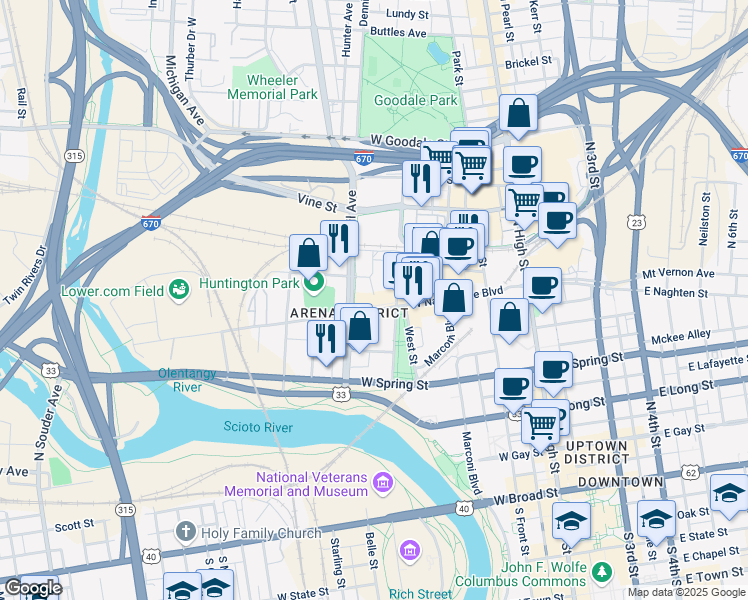 map of restaurants, bars, coffee shops, grocery stores, and more near 344 West Nationwide Boulevard in Columbus