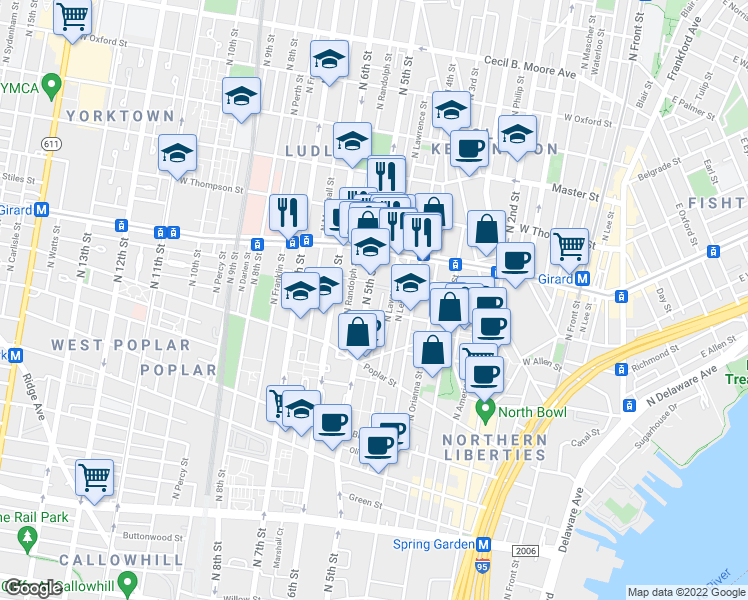 map of restaurants, bars, coffee shops, grocery stores, and more near 979 North 5th Street in Philadelphia