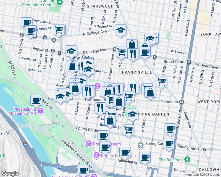 map of restaurants, bars, coffee shops, grocery stores, and more near 741 Corinthian Avenue in Philadelphia