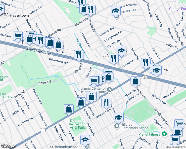 map of restaurants, bars, coffee shops, grocery stores, and more near 120 Joanna Road in Havertown