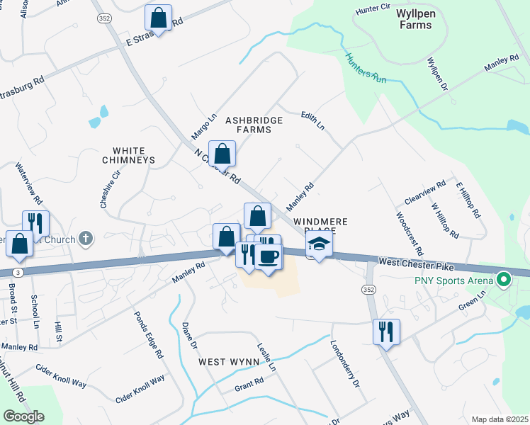 map of restaurants, bars, coffee shops, grocery stores, and more near 1515 Manley Road in West Chester