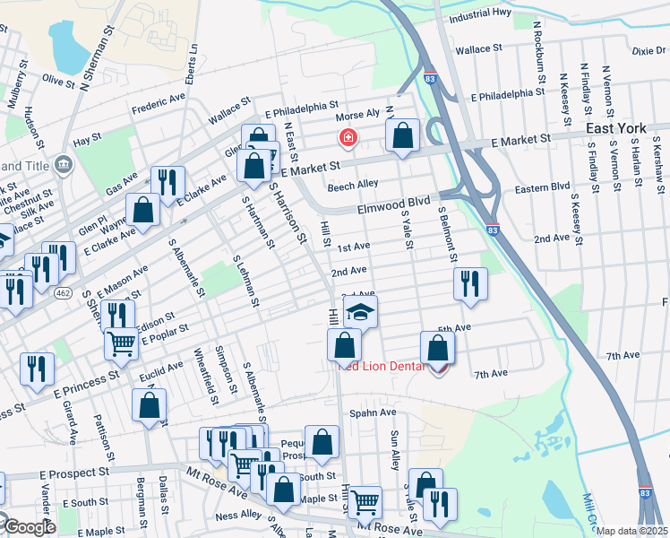 map of restaurants, bars, coffee shops, grocery stores, and more near 1401 2nd Avenue in York