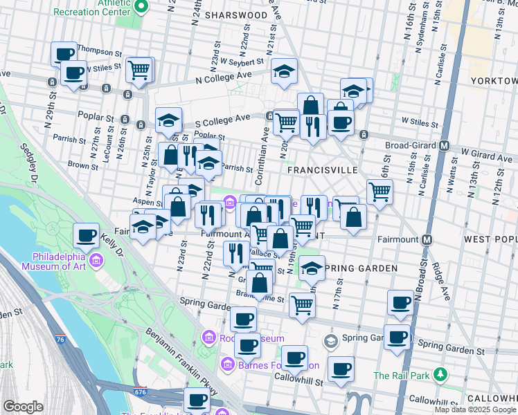map of restaurants, bars, coffee shops, grocery stores, and more near 741 Corinthian Avenue in Philadelphia
