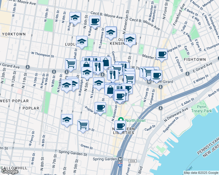 map of restaurants, bars, coffee shops, grocery stores, and more near 1132 N 3rd St in Philadelphia