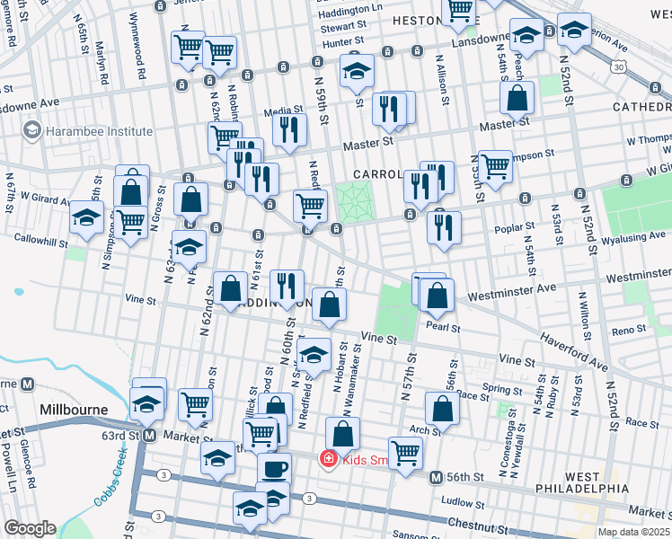 map of restaurants, bars, coffee shops, grocery stores, and more near 422 North 59th Street in Philadelphia