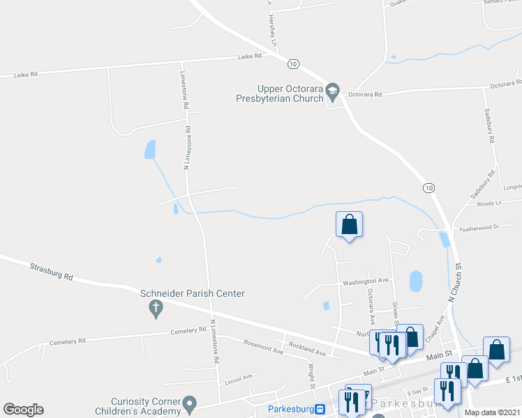 map of restaurants, bars, coffee shops, grocery stores, and more near 134 North Limestone Road in Parkesburg