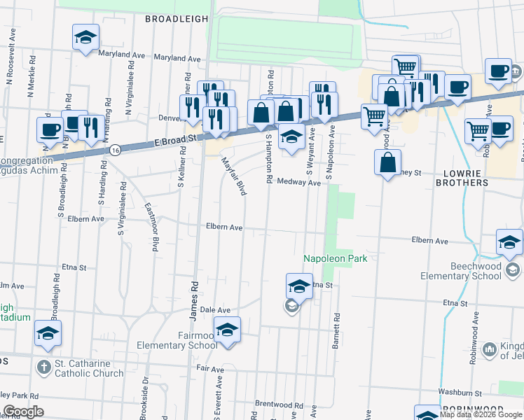 map of restaurants, bars, coffee shops, grocery stores, and more near 156 South Hampton Road in Columbus