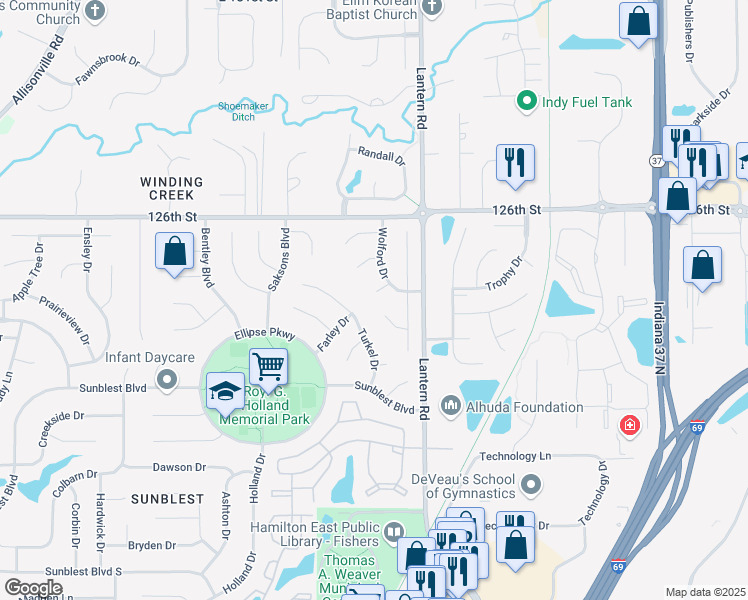 map of restaurants, bars, coffee shops, grocery stores, and more near 7982 Wolford Court in Fishers