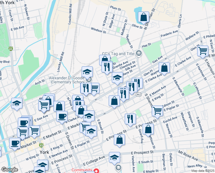 map of restaurants, bars, coffee shops, grocery stores, and more near 527 Walnut Street in York