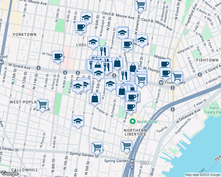 map of restaurants, bars, coffee shops, grocery stores, and more near 1122 North 4th Street in Philadelphia