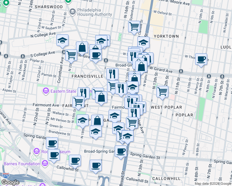 map of restaurants, bars, coffee shops, grocery stores, and more near 1530-32 Parrish Street in Philadelphia