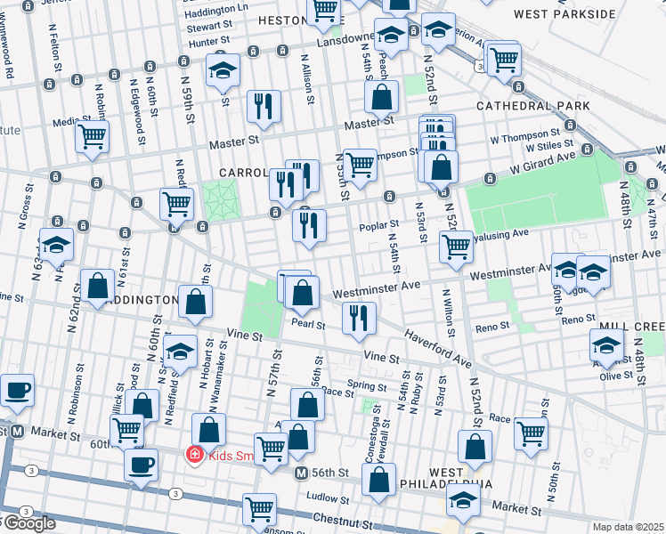 map of restaurants, bars, coffee shops, grocery stores, and more near 547 North Allison Street in Philadelphia
