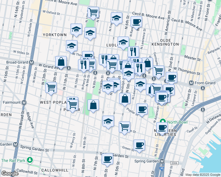 map of restaurants, bars, coffee shops, grocery stores, and more near 994 North Marshall Street in Philadelphia