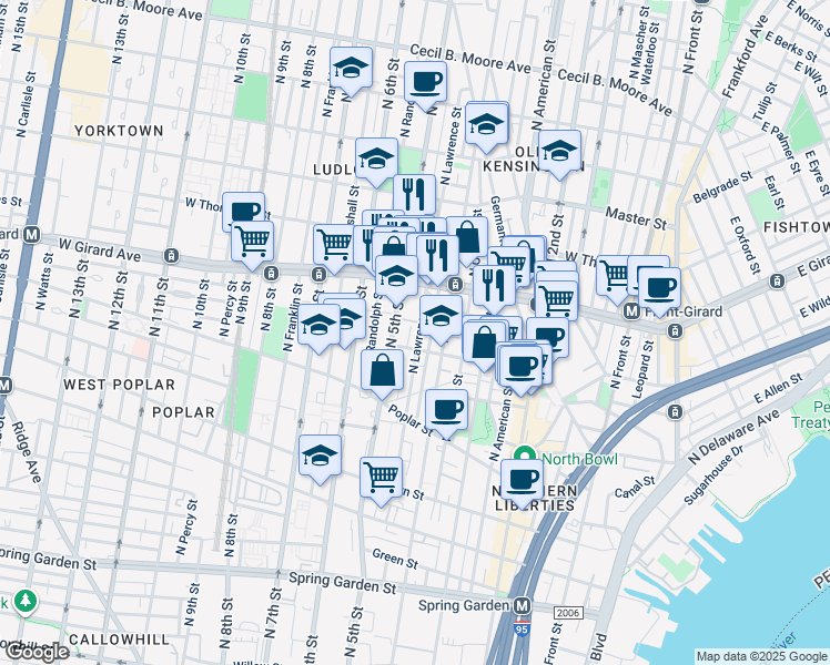 map of restaurants, bars, coffee shops, grocery stores, and more near 1018 North Lawrence Street in Philadelphia