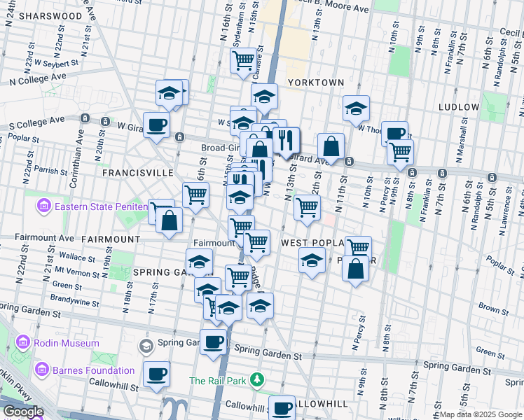 map of restaurants, bars, coffee shops, grocery stores, and more near 1338 Parrish Street in Philadelphia