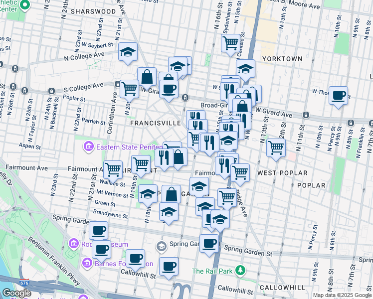 map of restaurants, bars, coffee shops, grocery stores, and more near 1613 Brown Street in Philadelphia