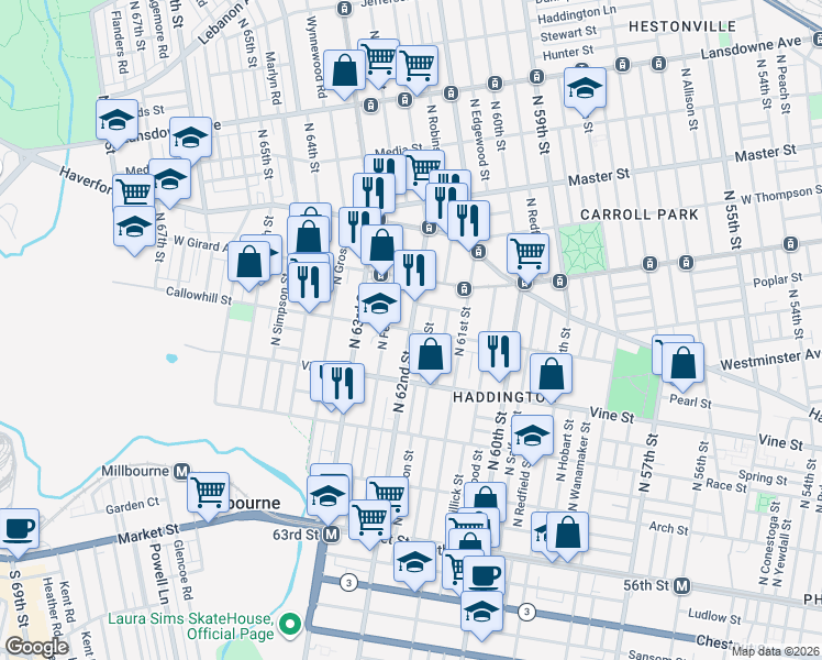 map of restaurants, bars, coffee shops, grocery stores, and more near N 62nd St & Callowhill St in Philadelphia