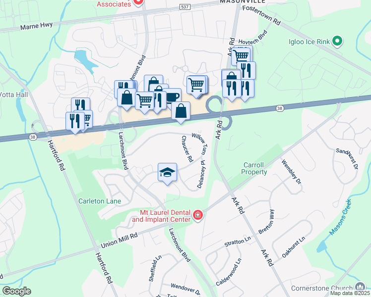 map of restaurants, bars, coffee shops, grocery stores, and more near 229B Willow Turn in Mount Laurel Township